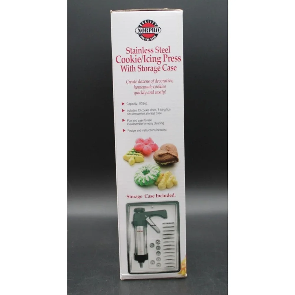 Norpro Stainless Steel Cookie Press & Icing Set Storage Case 13 Discs 8 Tips NIB